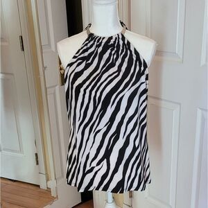 MICHAEL KORS BLACK/WHITE HALTER TOP W/ SILVER METAL NECK